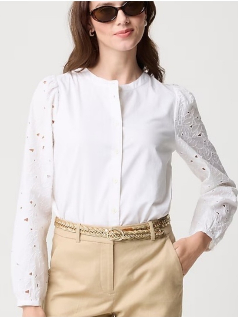 🌿🍒  J. Crew White Eyelet Sleeve Button-Front Top Blouse Size S🍒🌿